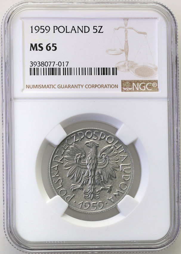 PRL. 5 złotych 1959 Rybak aluminium NGC MS65